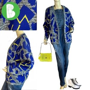 VINTAGE 1990’S TANGIERS BLUE, YELLOW & GRAY OVERSIZED KNIT CARDIGAN SWEATER (M)